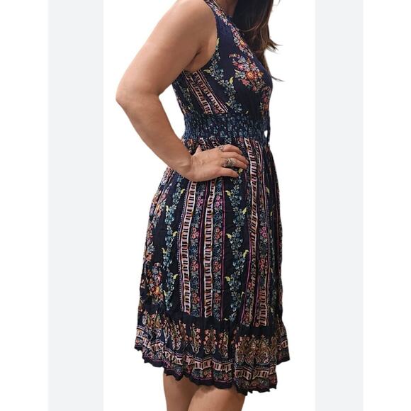 BILA Boho Midi Dress Womens Large Navy Floral Smocked Tasseled Peasant Folk - Picture 5 of 11